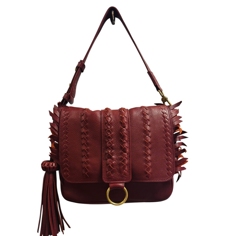 Bixi Awotan Seneca Red Pebbled Leather Fringe Braided Shoulder Bag Tassel Boho - Picture 2 of 13